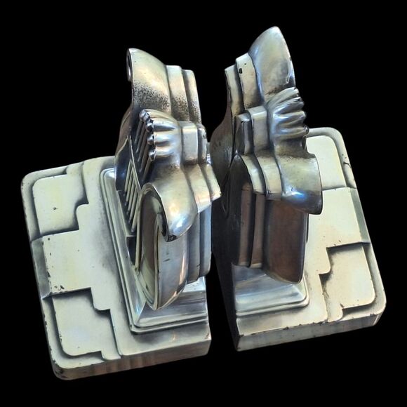 Harp Lyre Heavy Metal Art Deco Bookends Silver Toned Vintage PMC Made in USA - Picture 4 of 16